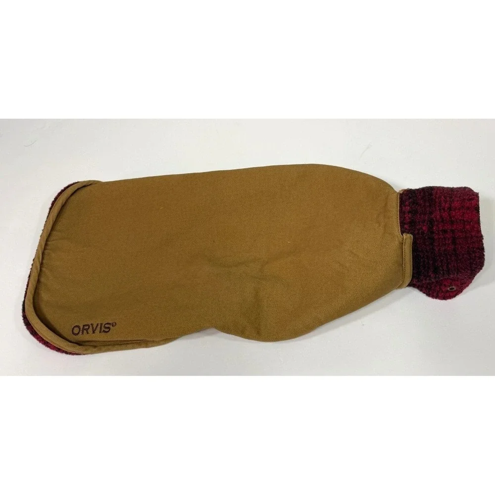 Orvis The Field Collection Dog Jacket M Tan Red Plaid Fleece Lined Cotton Canvas